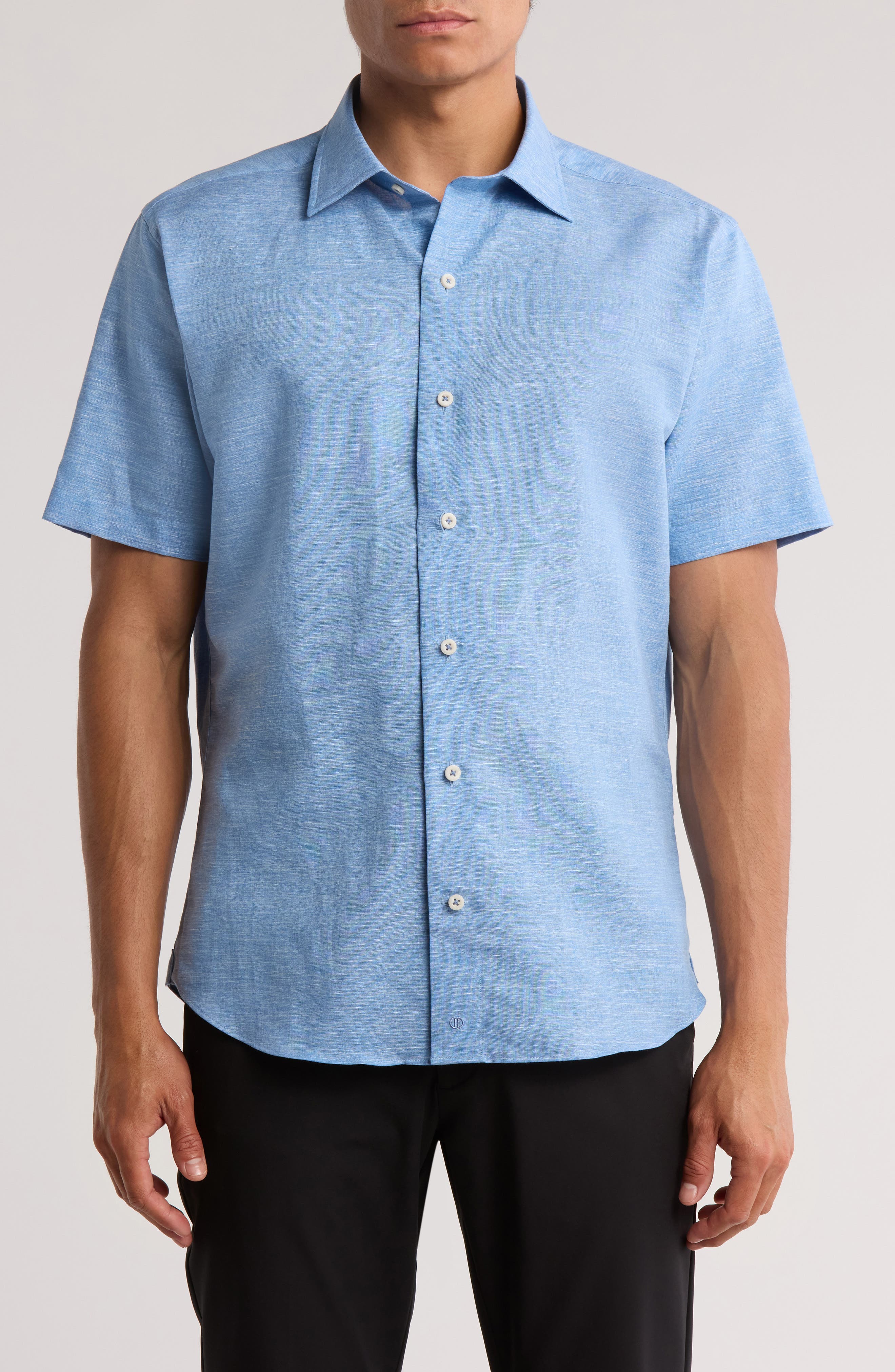 David Donahue Casual Short Sleeve Linen &amp; Cotton Button-Up Shirt