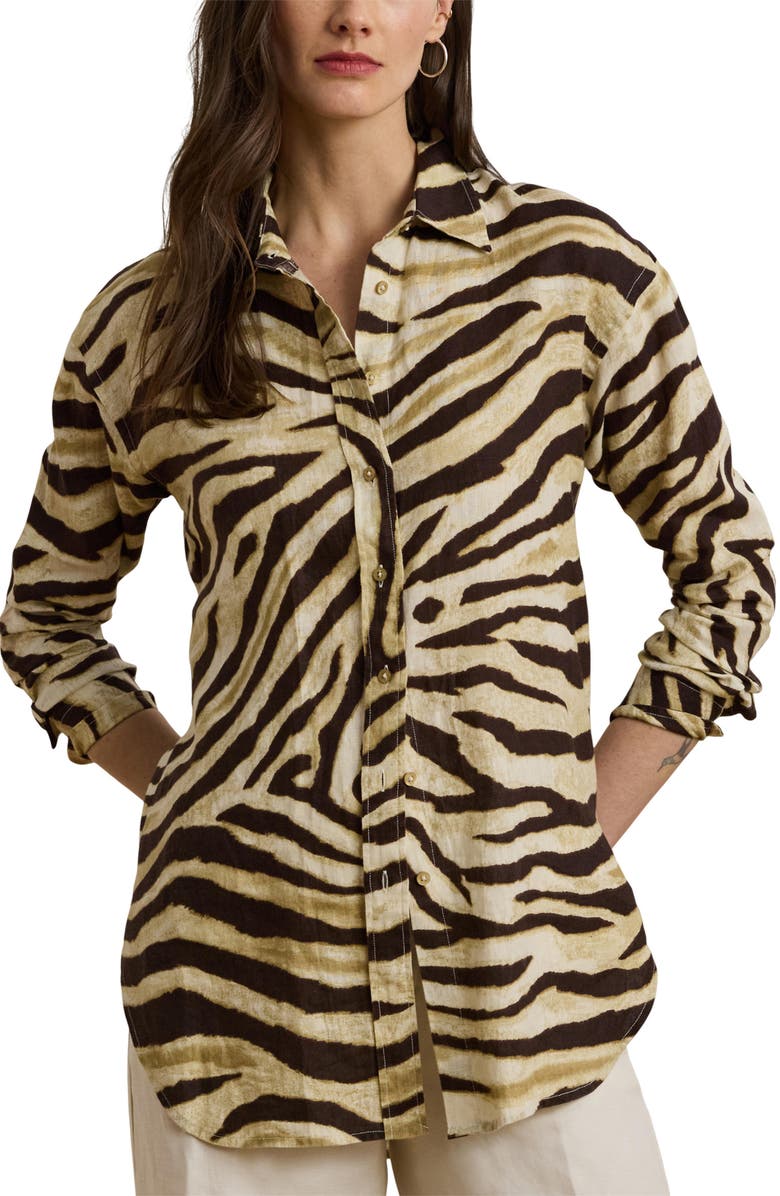 Lauren Ralph Lauren Zebra Stripe Relaxed Fit Linen Button-Up Shirt, Main, color, Cream/ Brown