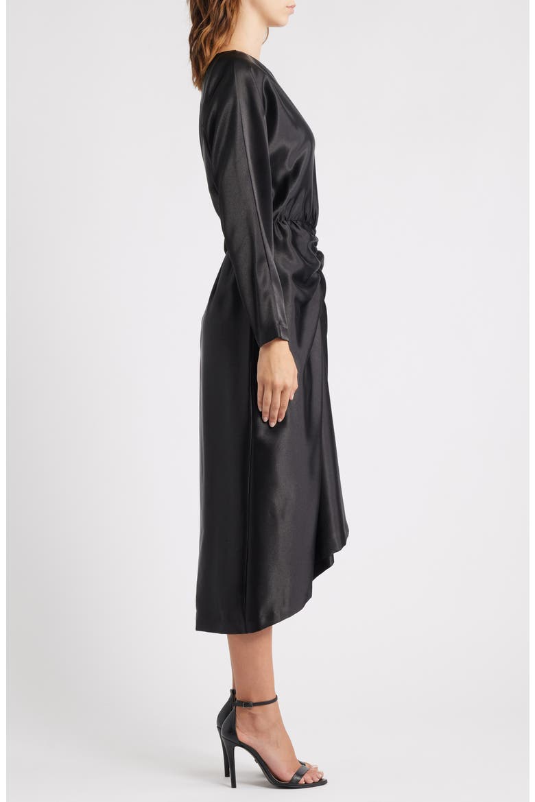 Long Sleeve Satin Cocktail Midi Dress, Alternate, color, BLACK