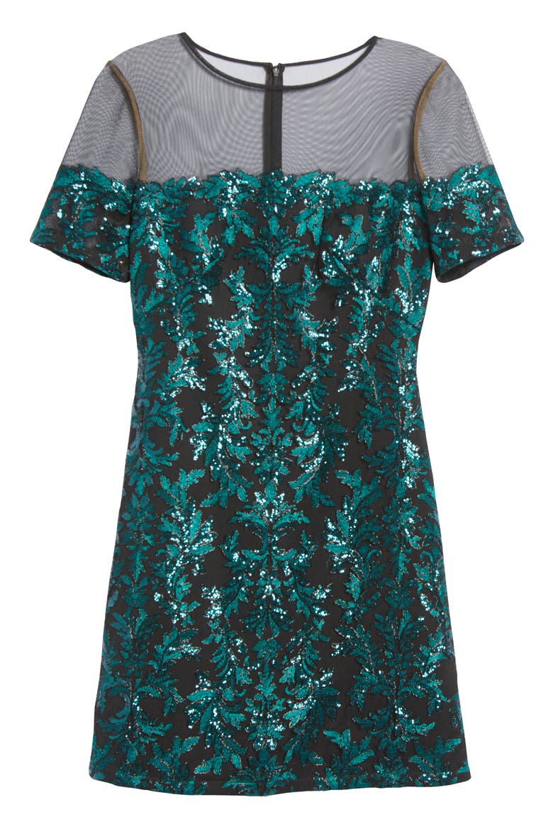Sheer Yoke Sequin Cocktail Dress, Alternate, color, ELM/ BLACK
