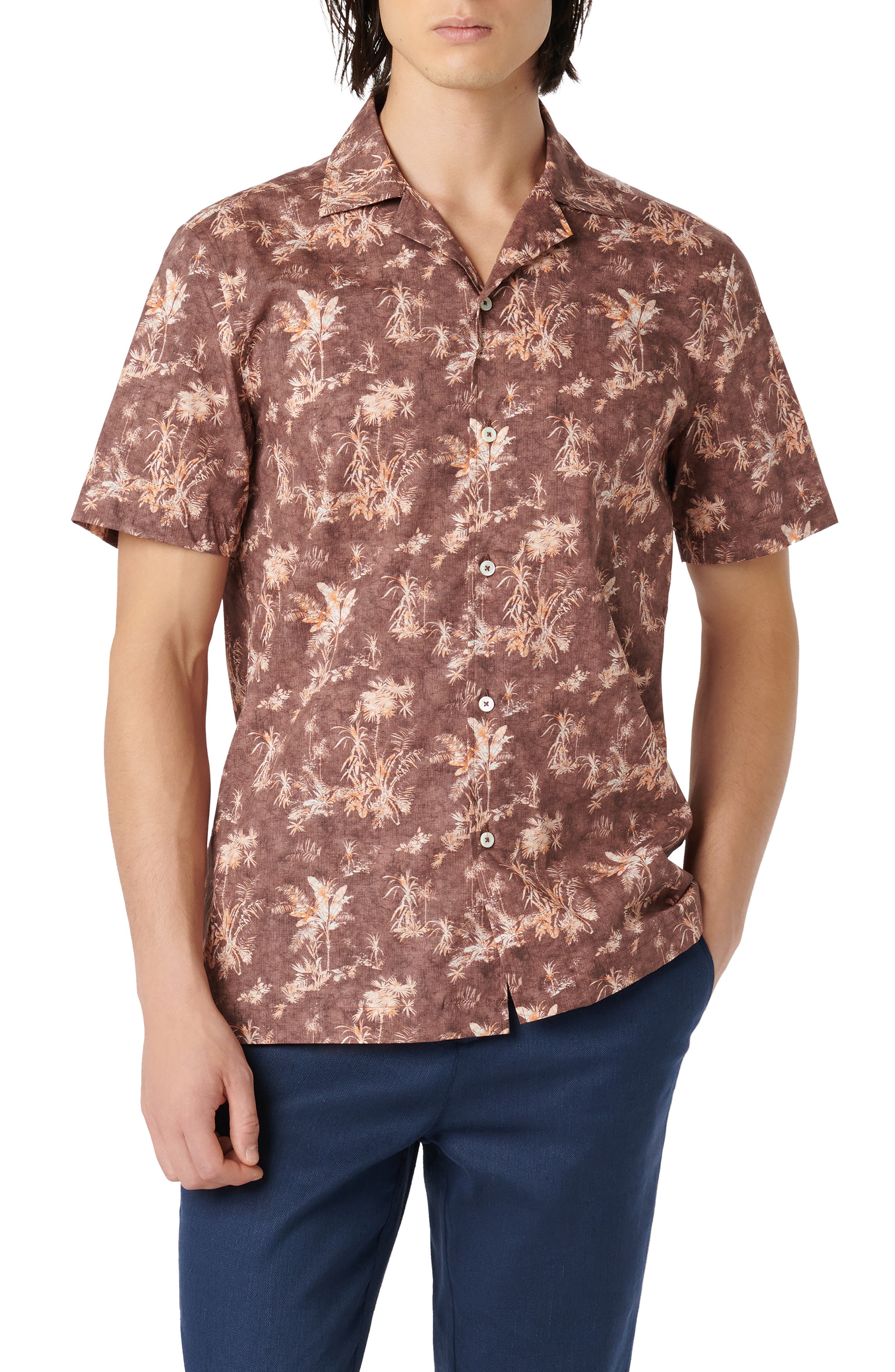 Bugatchi Jackson Shaped Fit Palm Tree Print Button-Up Camp Shirt