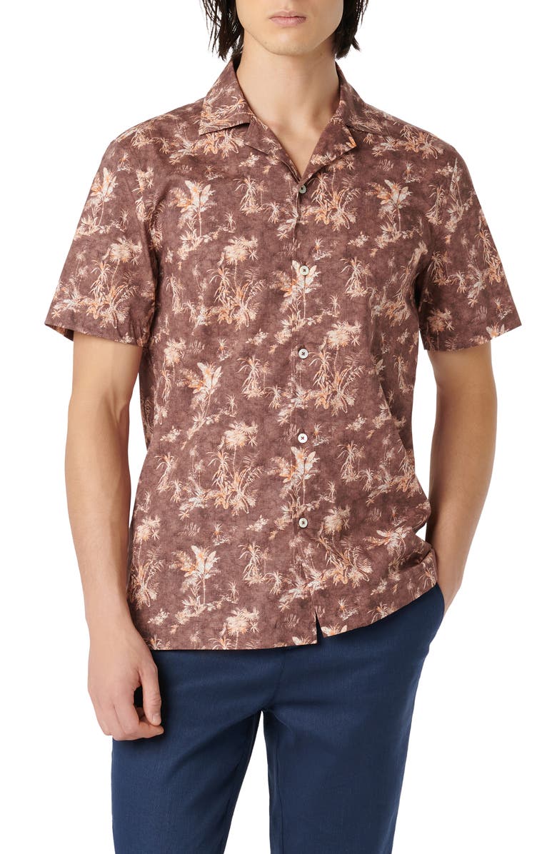 Bugatchi Jackson Shaped Fit Palm Tree Print Button-Up Camp Shirt, Main, color, Mocha