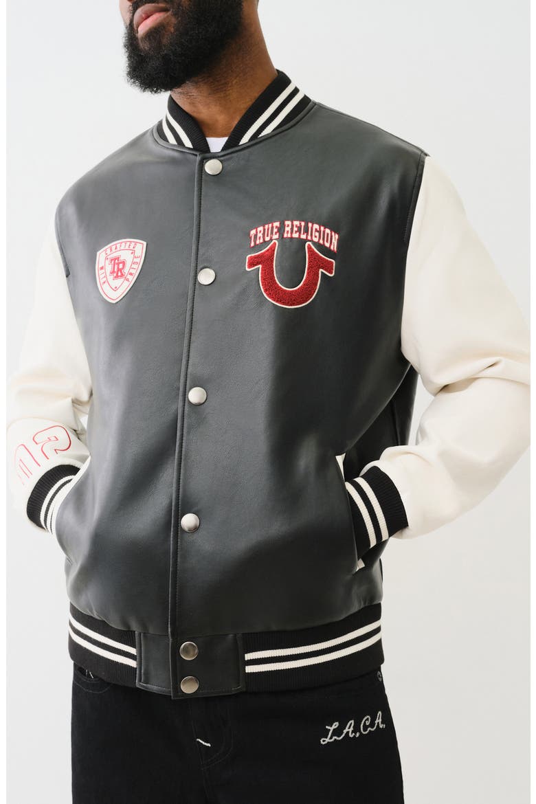 Faux Leather Varsity Jacket, Alternate, color, BLACK / WINTER WHITE