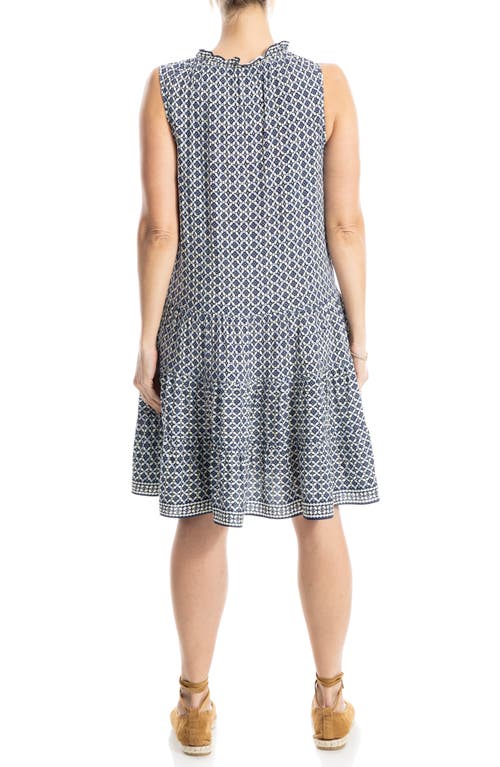 Max Studio Floral Split Neck Tiered Dress In Navy/cream