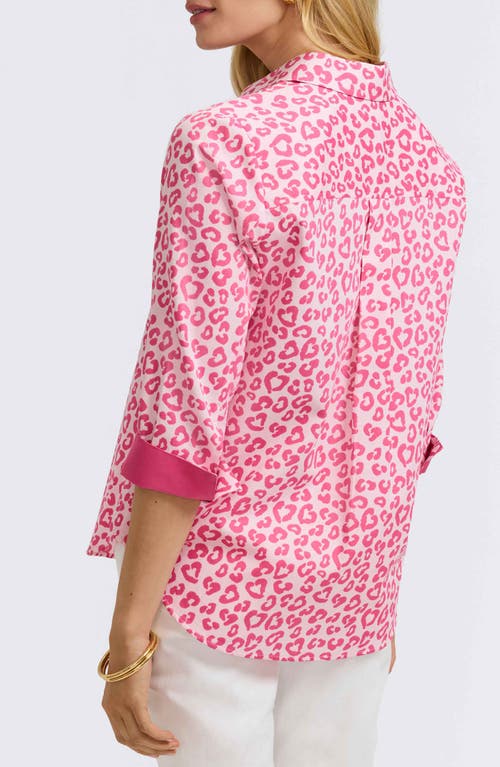 Foxcroft Margie Leopard Print Three-quarter Sleeve Cotton Button-up Shirt In Pink Flambe Multi