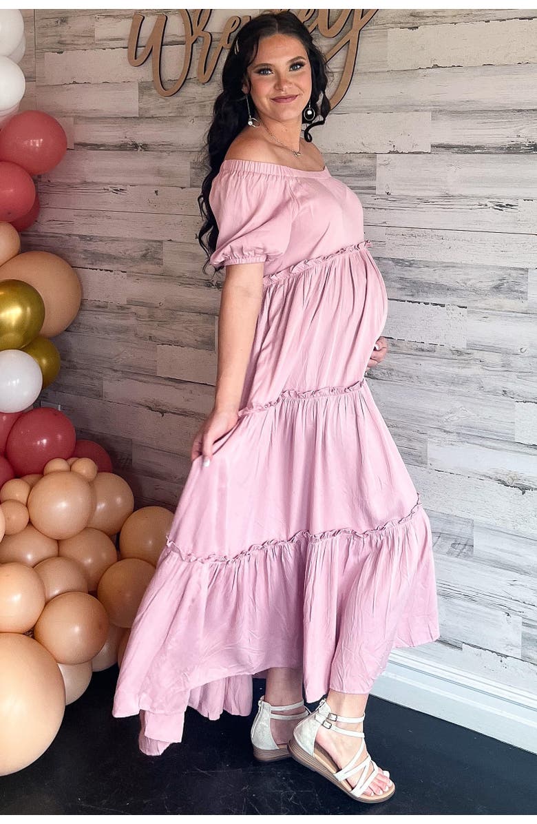 PinkBlush Off Shoulder Ruffle Tiered Maxi Dress, Alternate, color, Mauve