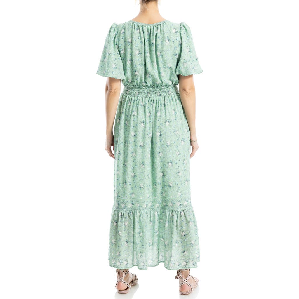 Max Studio Bubble Sleeve Tiered Maxi Dress In Soft Green Lattice