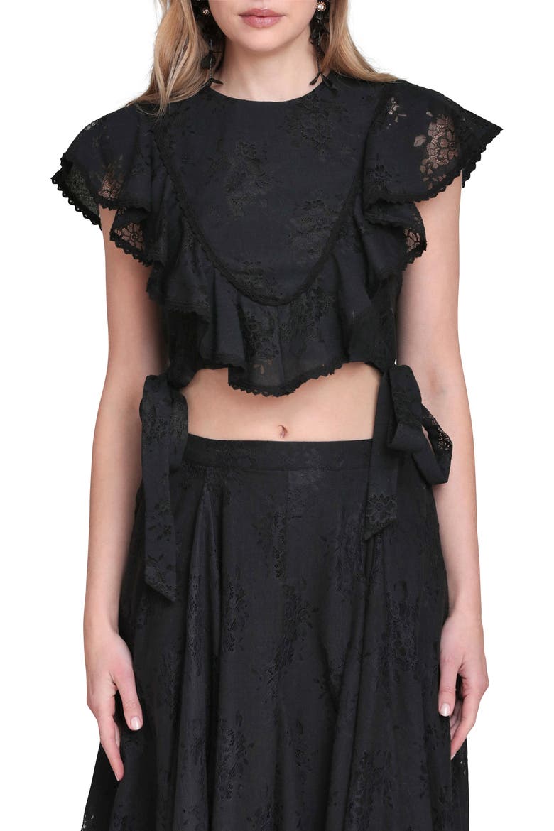Lace & Ruffle Crop Top, Main, color, BLACK