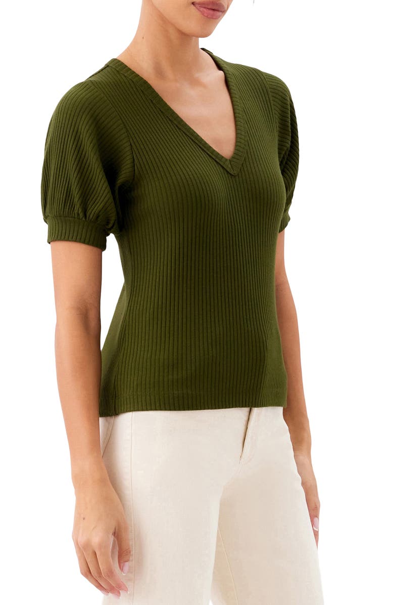 Karen Kane Puff Sleeve Rib V-Neck Top, Alternate, color, Olive