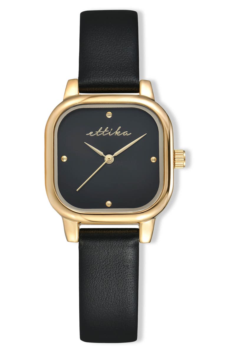 Ettika Classic Square Leather Strap Watch, Main, color, Black