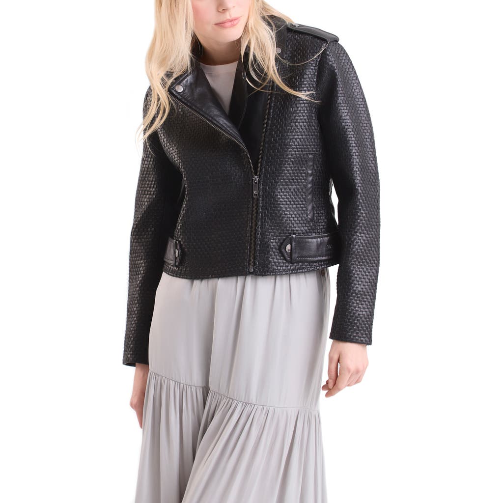 Velez Claire Leather Woven Biker Jacket In Black