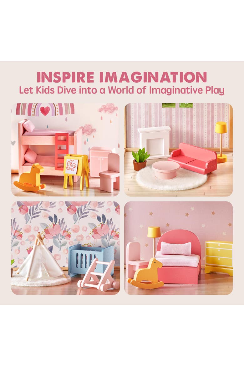 6 Room Wooden Dollhouse Set with Furniture for Kids, Alternate, color, Multicolor
