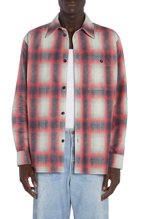 Check Print Leather Button-Up Shirt