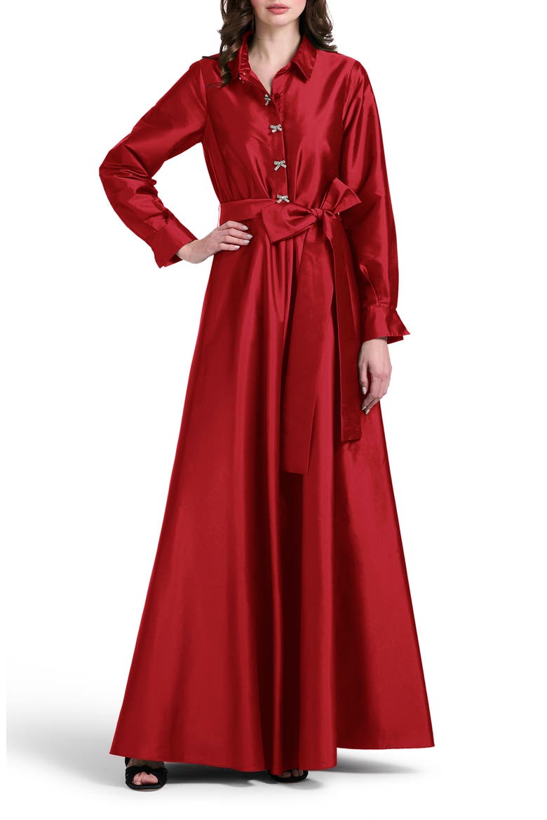 Crystal Bow Button Long Sleeve Taffeta A-Line Gown, Main, color, RED