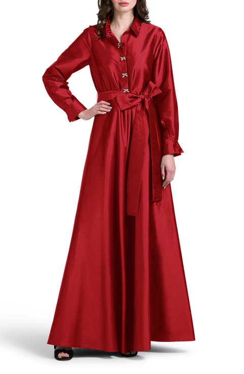 Crystal Bow Button Long Sleeve Taffeta A-Line Gown