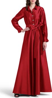 EMILY SHALANT Crystal Bow Button Long Sleeve Taffeta A-Line Gown