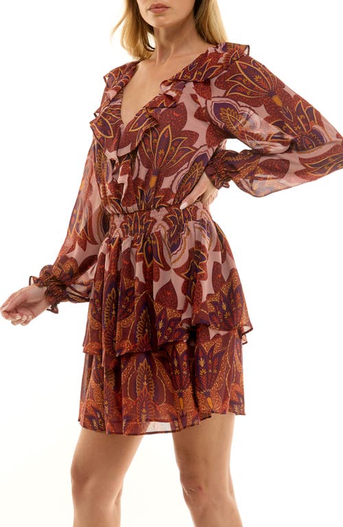 Socialite Floral Print Long Sleeve Minidress In Brown