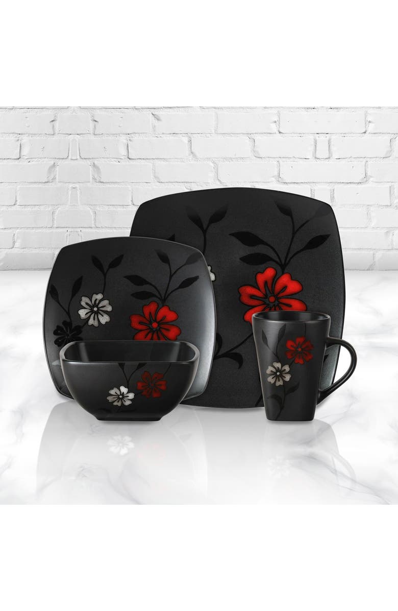 Gibson Elite 16-Piece Evening Blossom Dinnerware Set, Alternate, color, Black And Red