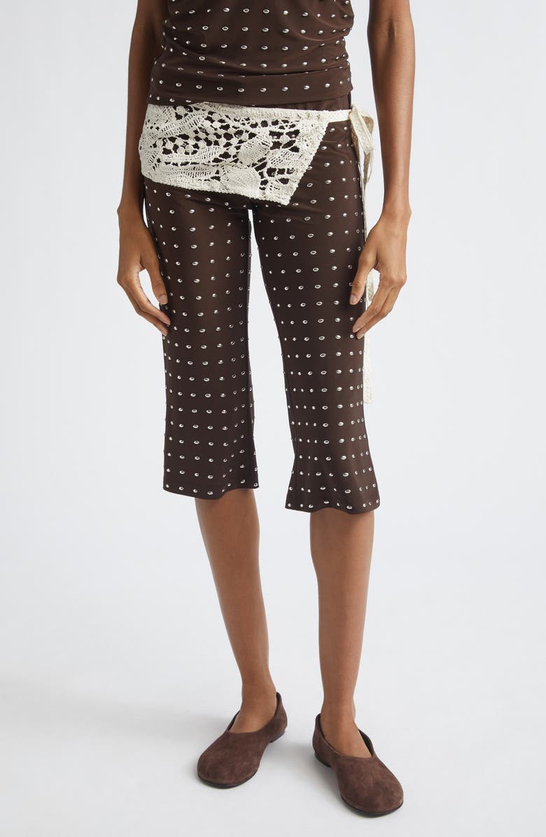 Siedrés Gianna Lace Overlay Studded Jersey Capri Pants, Main, color, Brown