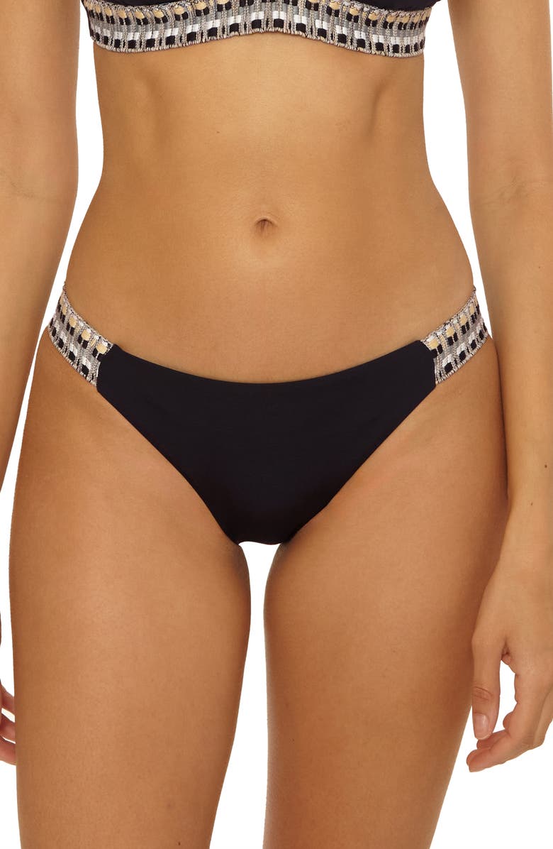 Becca Fiesta American Basket Weave Trim Bikini Bottoms, Main, color, Black
