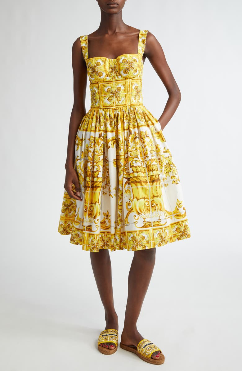Dolce&Gabbana Blu Mediterraneo Bustier Poplin Sundress, Main, color, Mix Maiolica Giallo