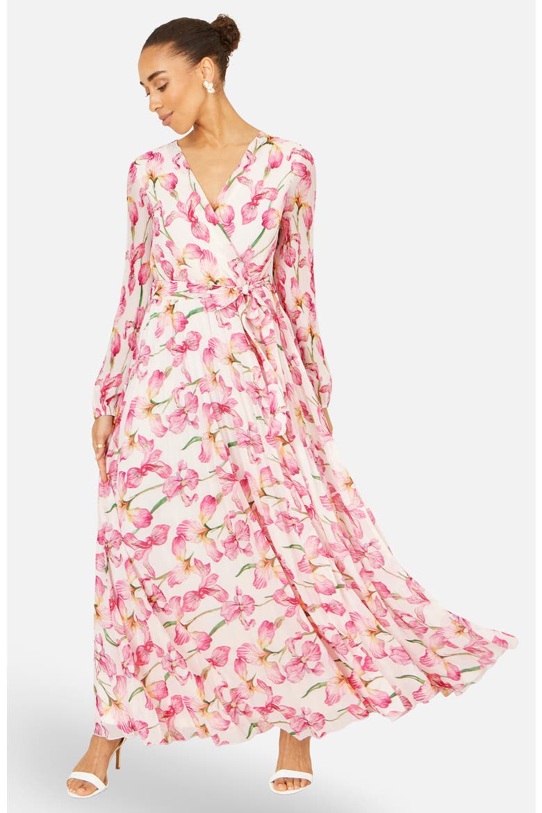 Orchid Floral Pleated Wrap Maxi Dress, Main, color, Ivory