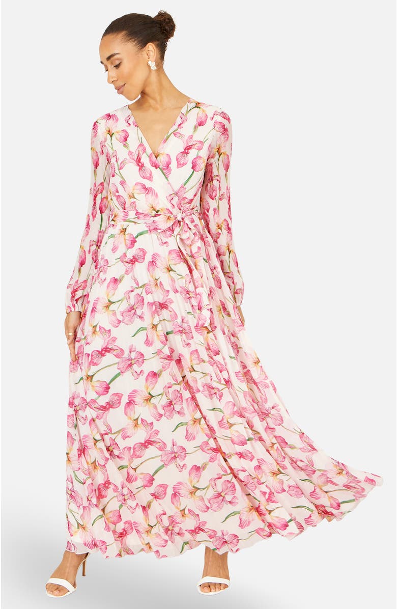 Yumi Orchid Floral Pleated Wrap Maxi Dress, Main, color, Ivory