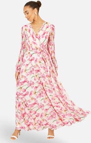 Yumi Orchid Floral Pleated Wrap Maxi Dress