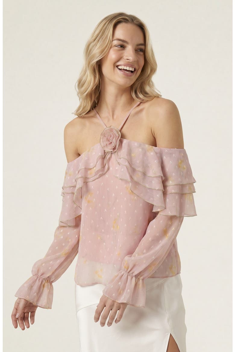 Sheer Cold-Shoulder Floral Applique Ruffle Trim Blouse, Main, color, Blush Pink