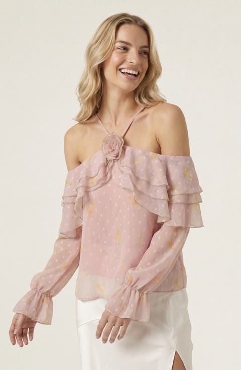 Sheer Cold-Shoulder Floral Applique Ruffle Trim Blouse