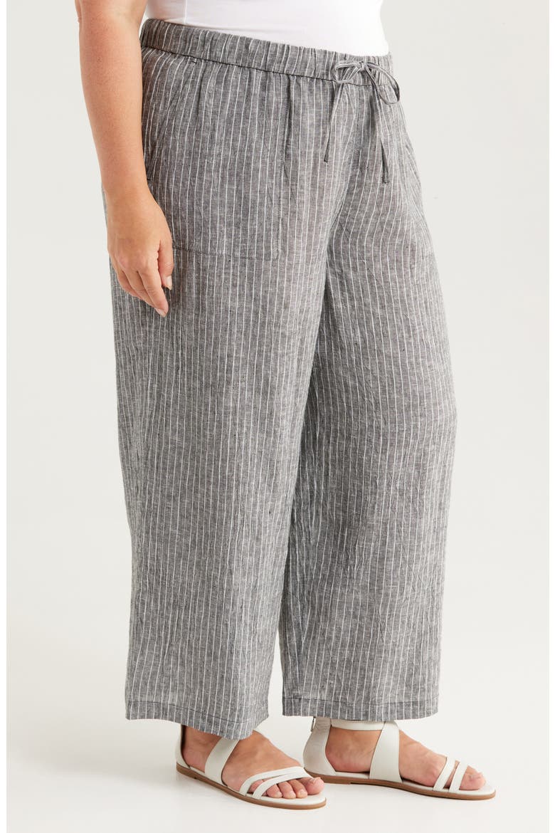 Stripe Organic Linen Crop Wide Leg Pants, Alternate, color, BLACK/ WHITE