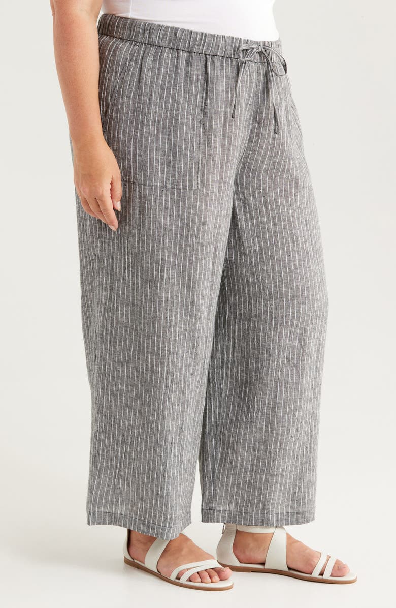 Eileen Fisher Stripe Organic Linen Crop Wide Leg Pants, Alternate, color, Black/ White