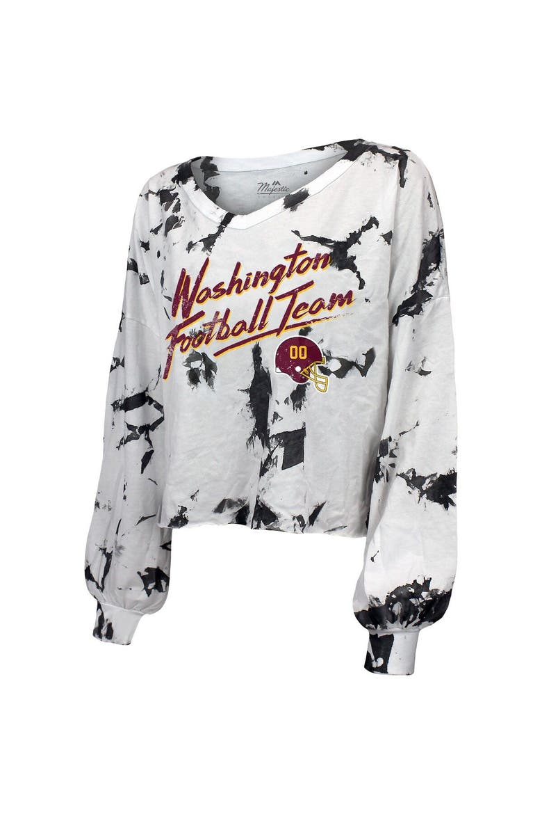 Women's Majestic Threads Chase Young White Washington Commanders Off-Shoulder Tie-Dye Name & Number Long Sleeve V-Neck Crop-Top T-Shirt, Alternate, color, White