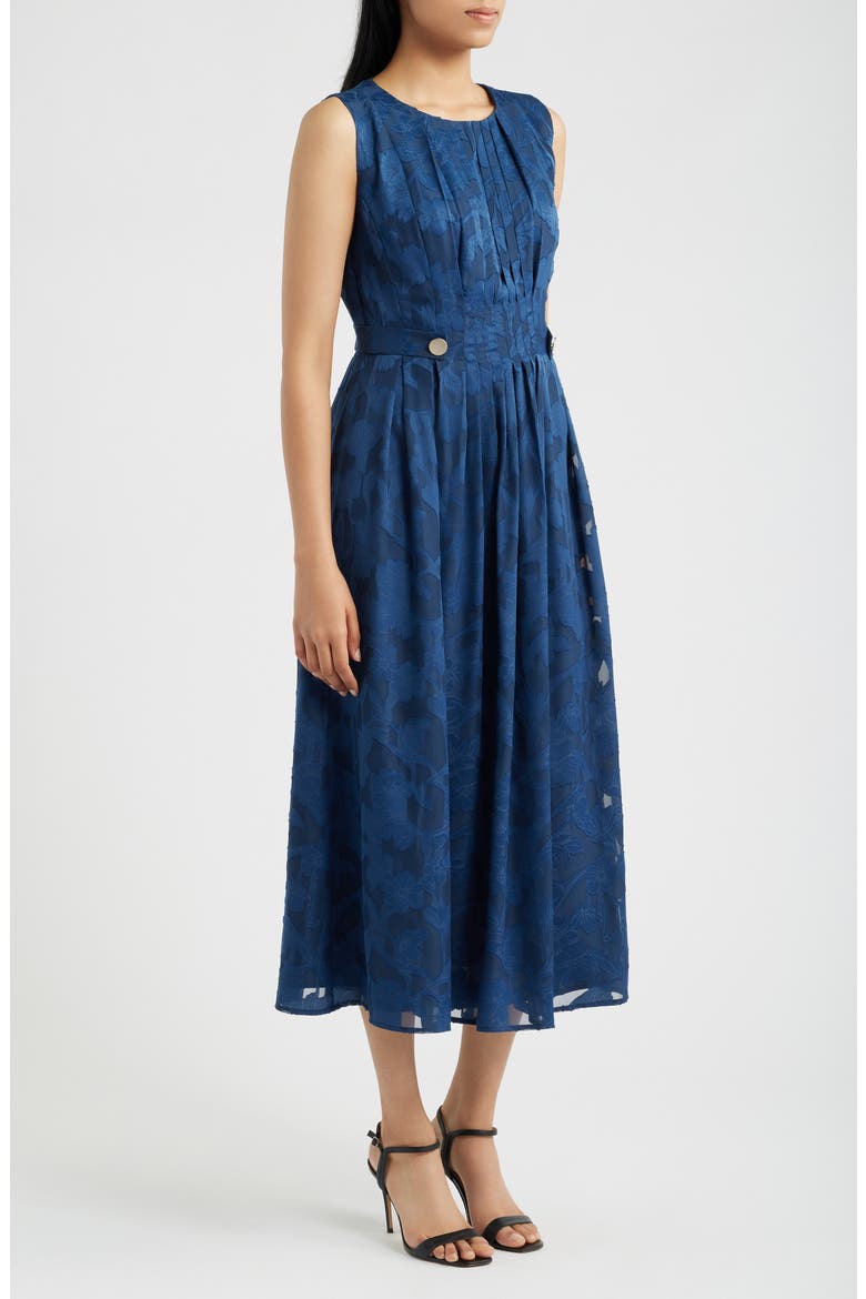 Pleated Floral Jacquard Midi A Line Dress, Alternate, color, BLUE CARBON