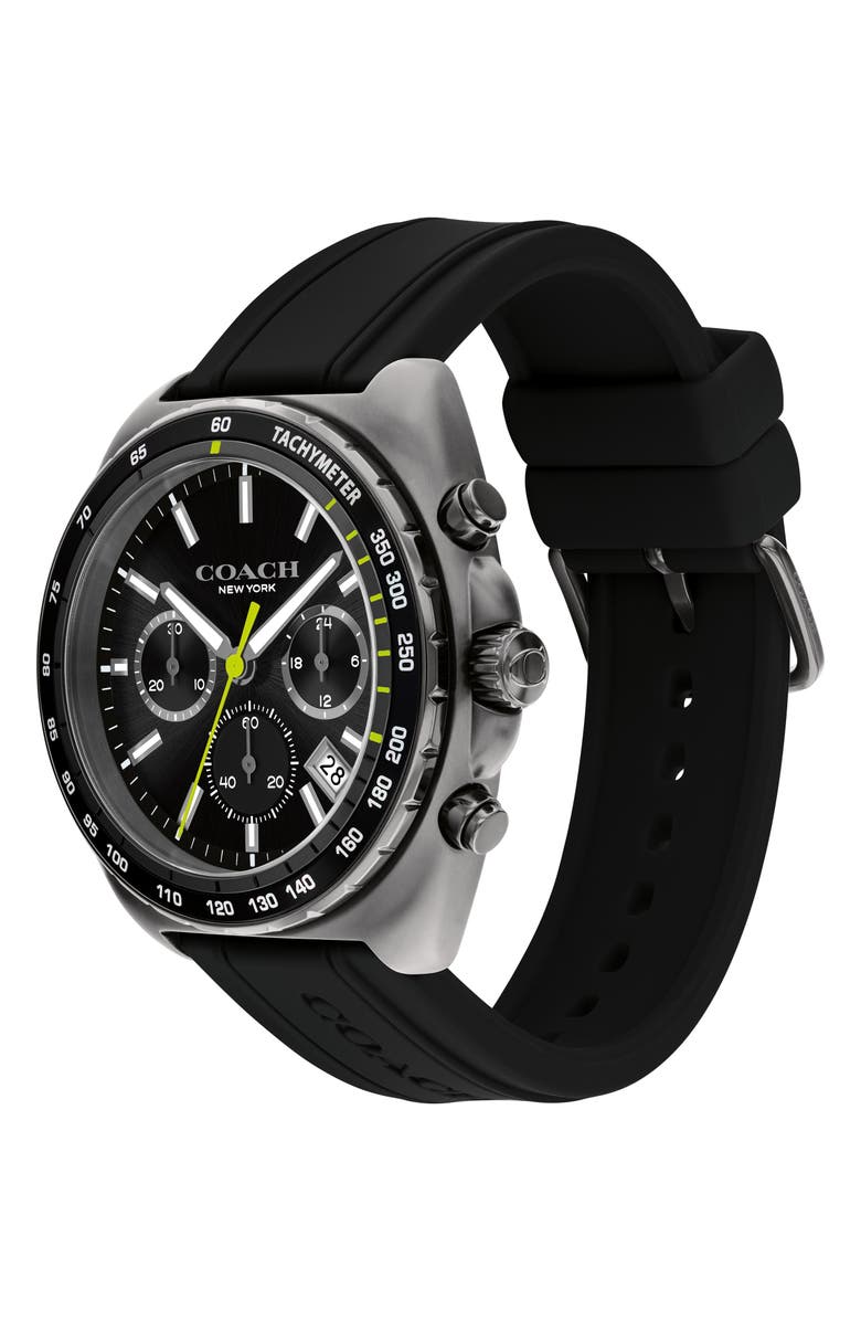 COACH Charter Chronograph Silicone Strap Watch, 44.5mm, Alternate, color, Black