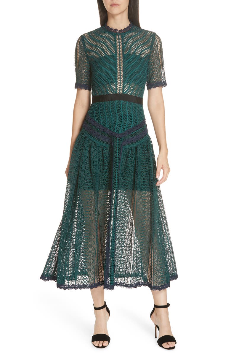 Self-Portrait Wave Lace Midi Dress, Main, color, 