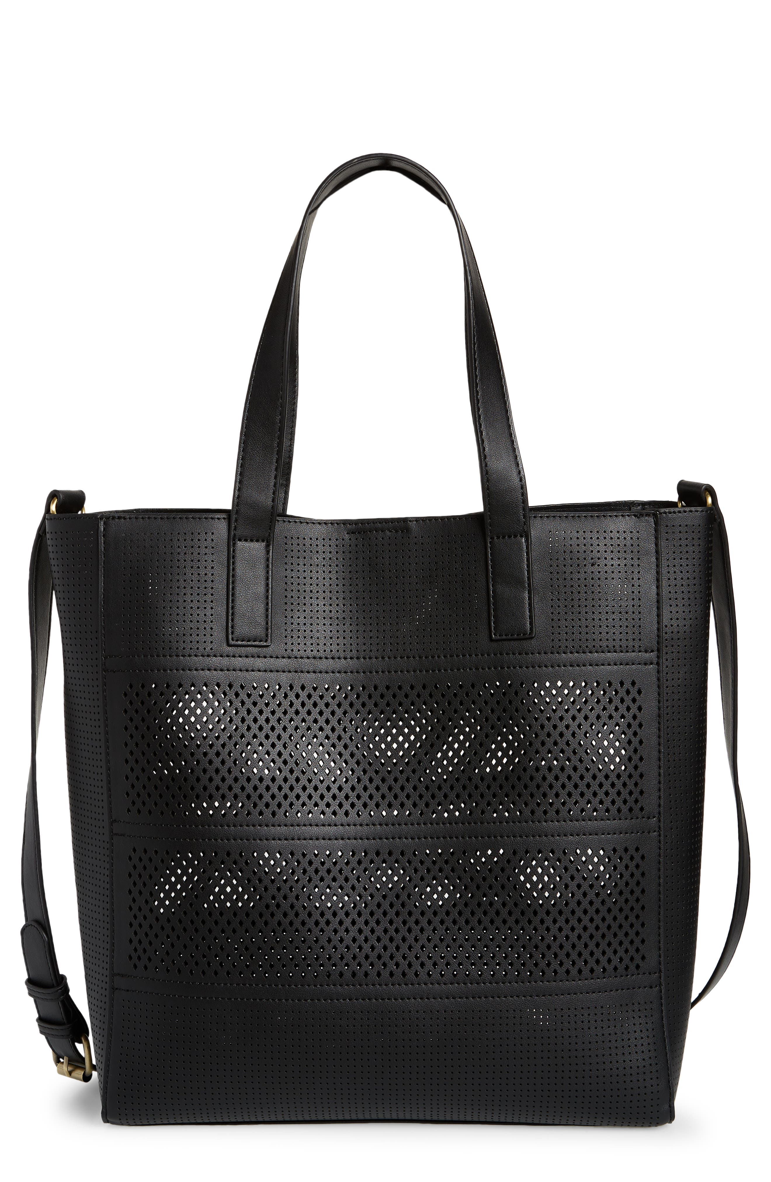 Street Level Laser Cutout Faux Leather Tote, Main, color, 
