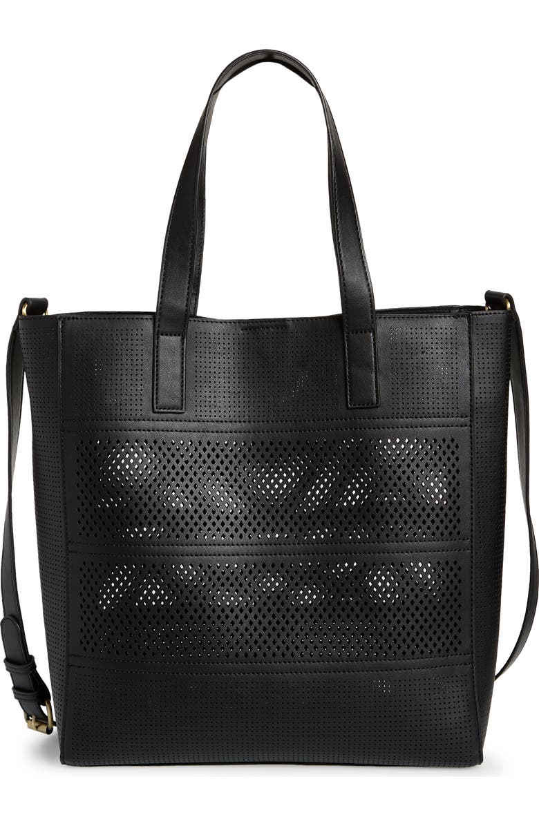 Street Level Laser Cutout Faux Leather Tote, Main, color,
