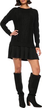 London Times Pleated Hem Cable Knit Sweater Dress