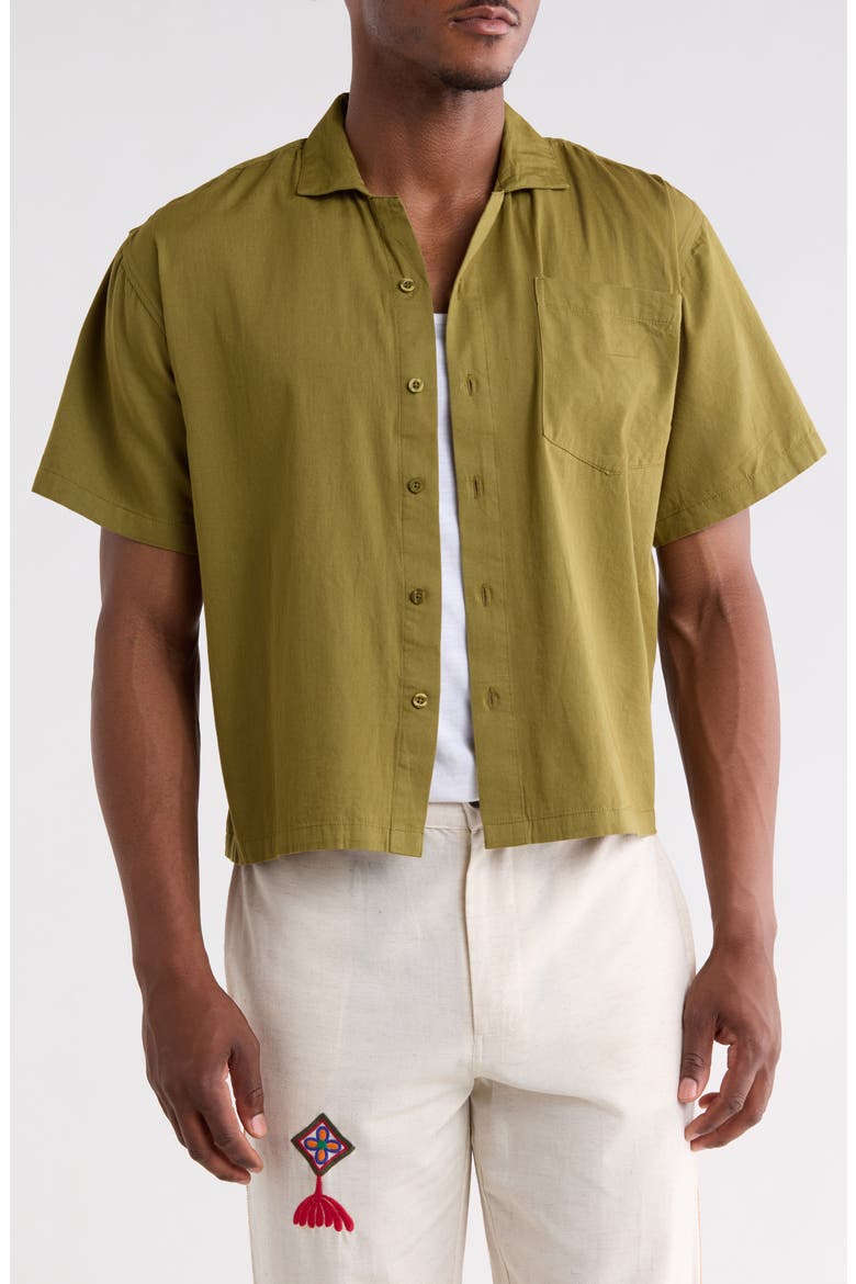 Short Sleeve Cotton Button-Up Shirt, Main, color, OLIVE