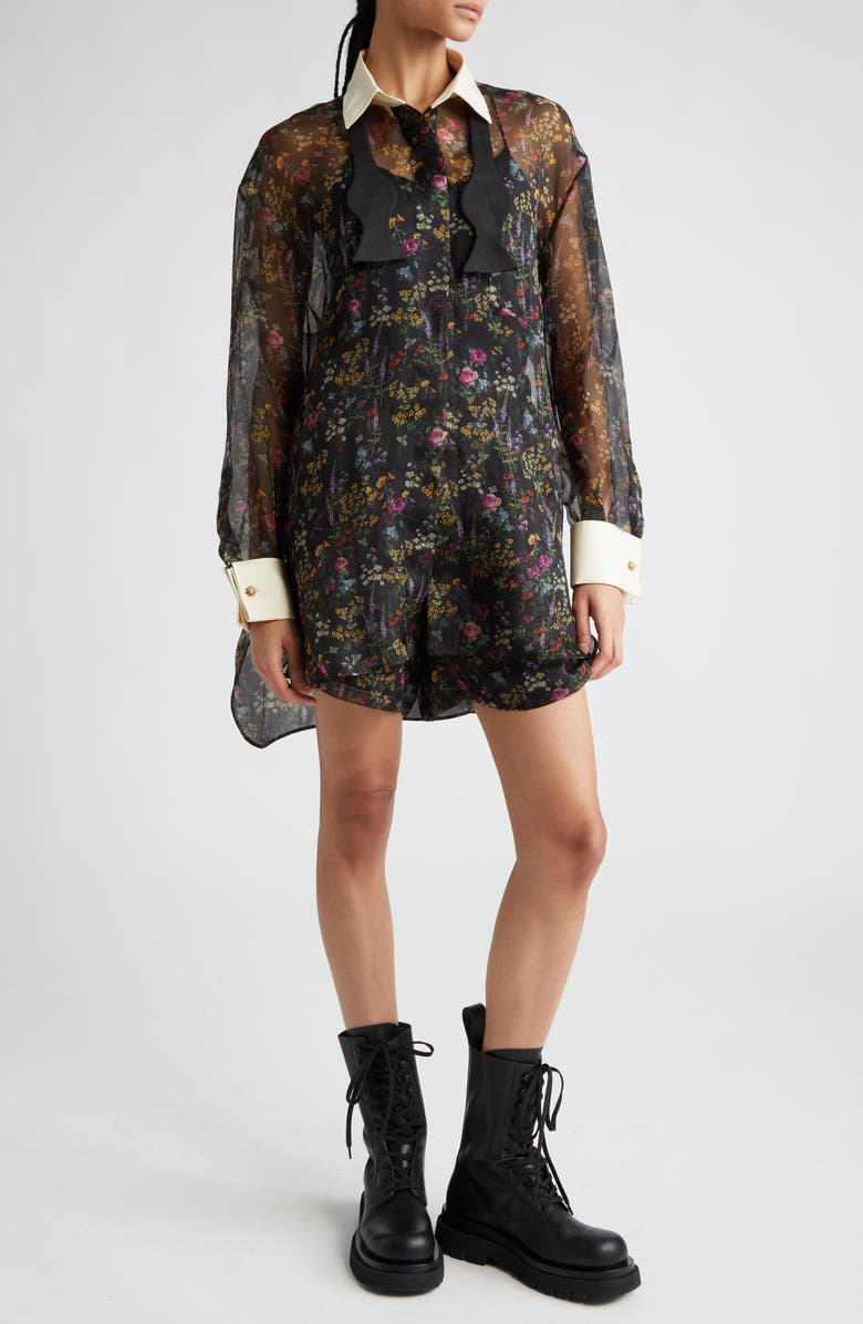 Max Mara Marocco Floral Print Silk Organza Shirt with Bow Tie, Alternate, color, 