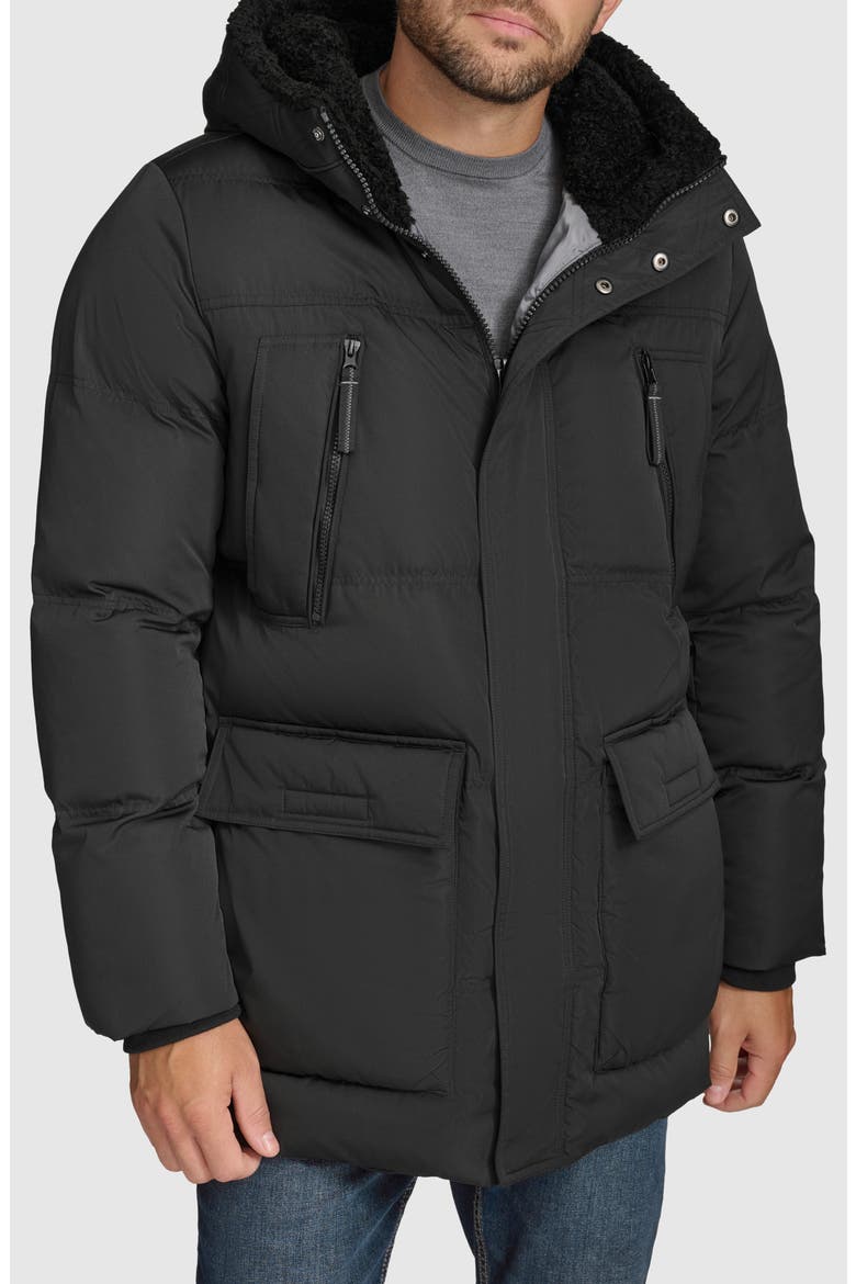 Essential Water Resistant Faux Shearling Lined Down & Feather Insulated Puffer Parka, Main, color, BLACK