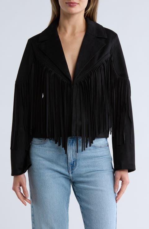 Notch Collar Fringe Crop Jacket