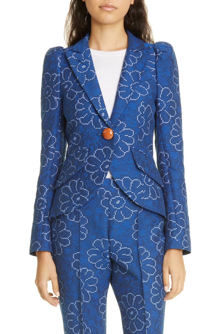 Abstract Floral Puff Sleeve Blazer, Main, color, INDIGO FLORAL