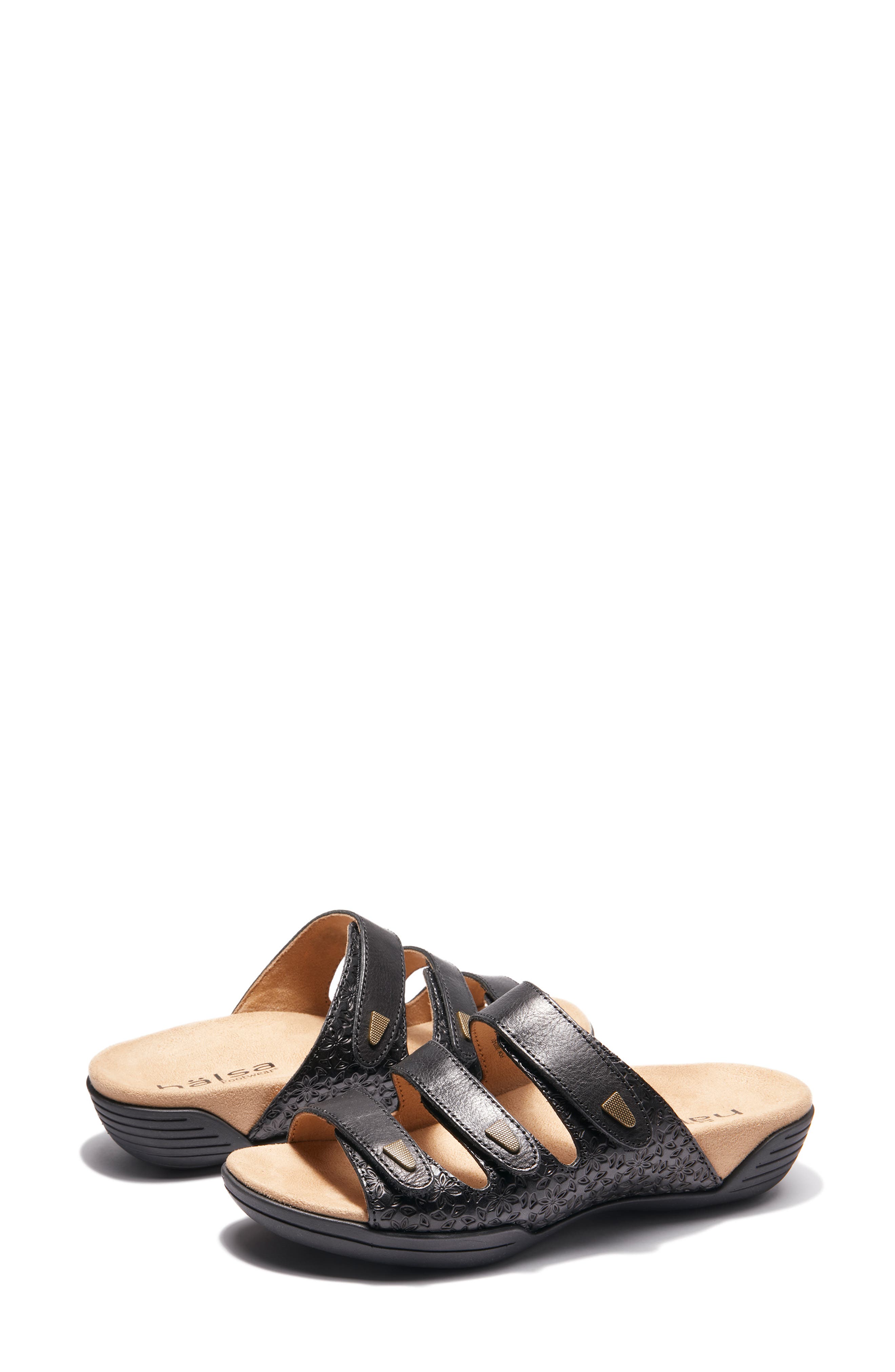 Hälsa Footwear Hälsa Delight Strappy Slide Sandal, Alternate, color, Black Waxed/ Embossed