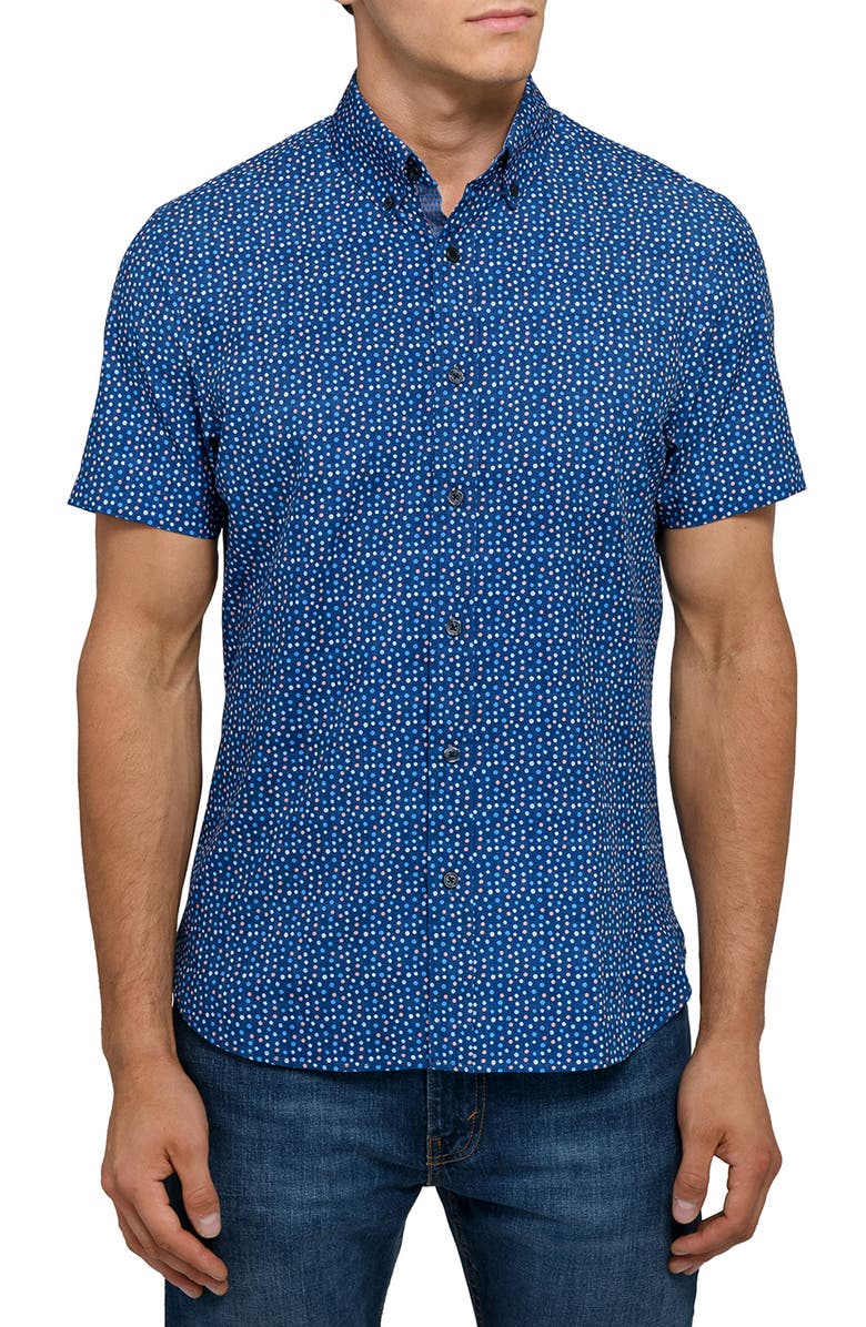 CONSTRUCT Dot Woven Short Sleeve Basic, Main, color, Navy/Coral