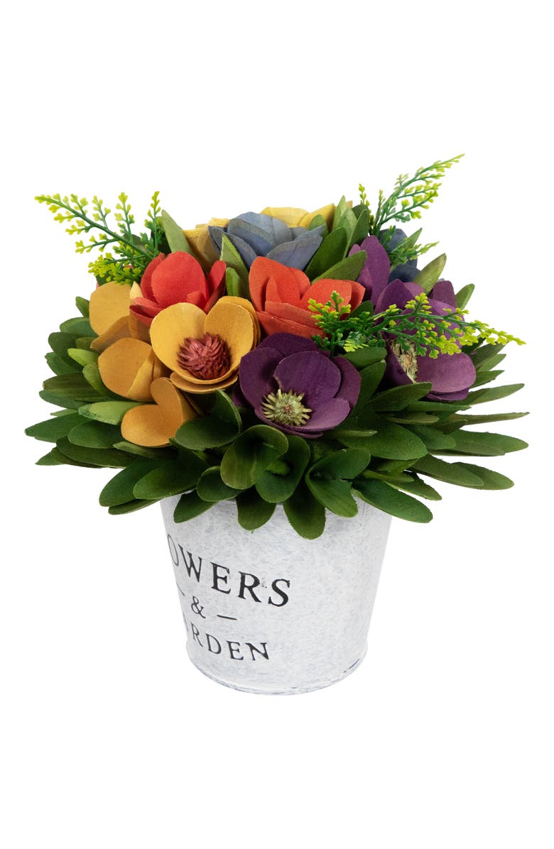Northlight Wooden Artificial Spring Floral Arrangement with "Flowers and Garden" Pot - 8", Alternate, color, Yellow