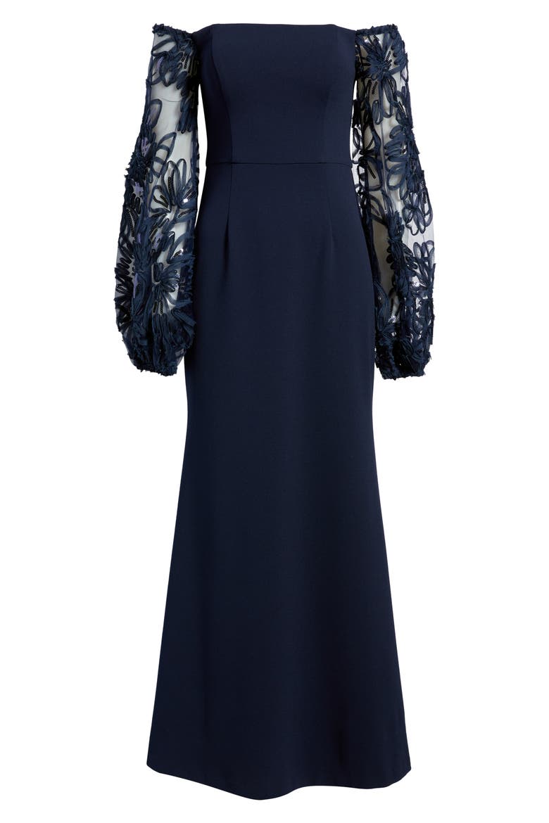 Sequin Balloon Long Sleeve Off the Shoulder Gown, Alternate, color, NAVY