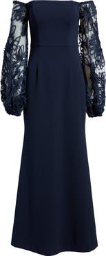 Eliza J Sequin Balloon Long Sleeve Off the Shoulder Gown