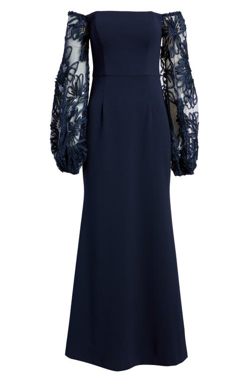 Eliza J Sequin Balloon Long Sleeve Off The Shoulder Gown In Blue